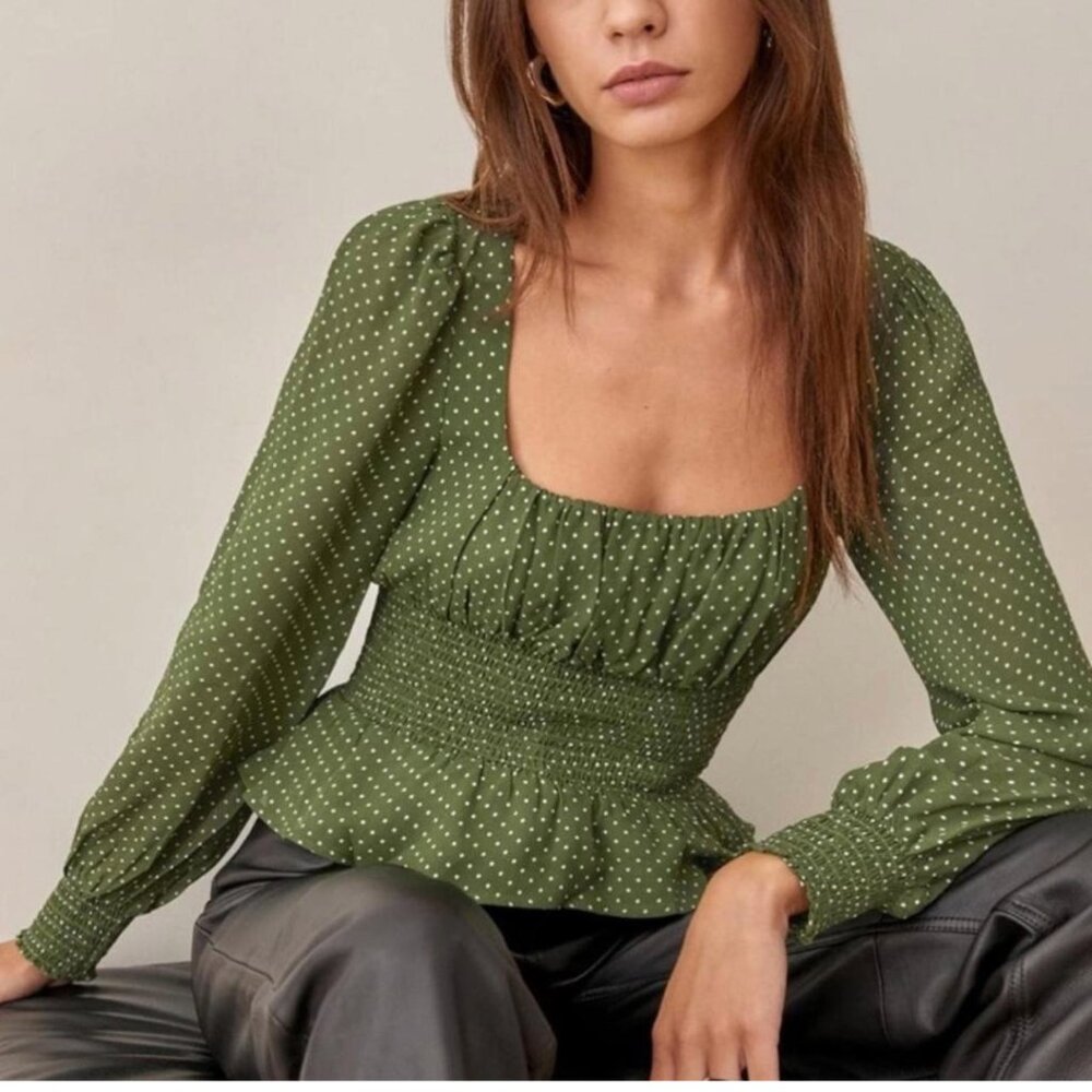 NWT Reformation Green Polka Dot Smocked Peplum Top Size 8